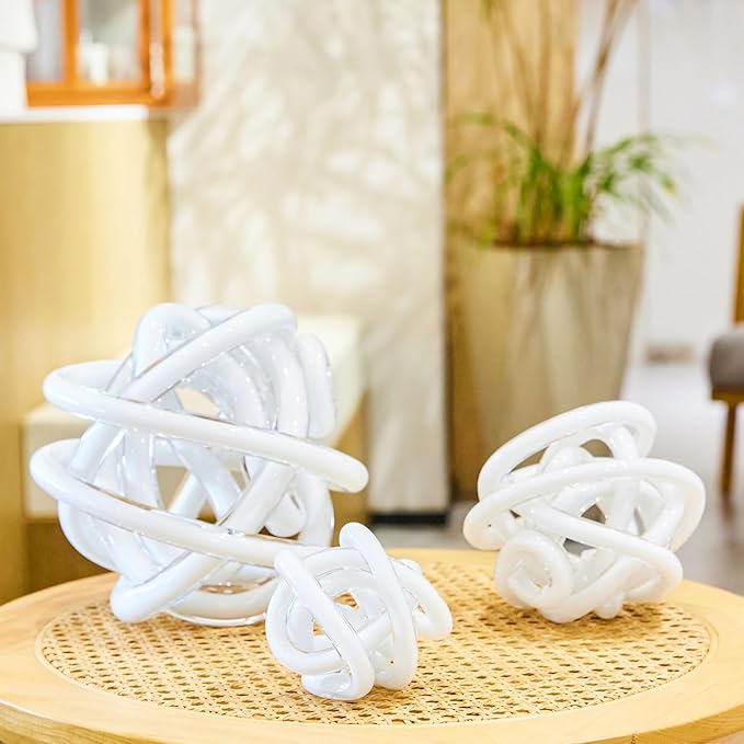 Luxury Lane Hand Blown Infinity Knot Sommerso Decorative Glass Ball for Bowls Home Decor 4 inch Tall Orbit Centerpiece Table Decoration Sculpture White