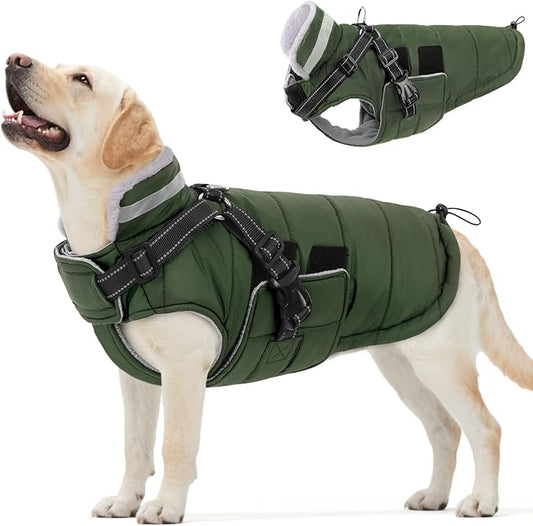Queenmore Winter Dog Jackets for Extra Large Dogs with Harness Built-in, Waterproof Puffer Coat for Large Breed, Pet Snow Jacket for Winter/Cold Weather - Fleece Easy On Reflective, Green XL