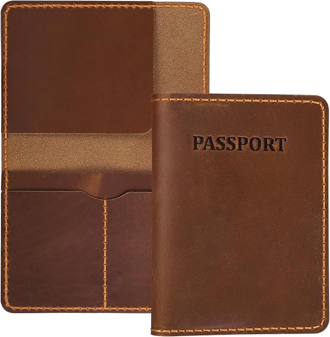 Genuine Leather Passport Holder for Travel,RFID Blocking Passport Cover, Men Passport Wallet, Folding Passport Clip with One Pocket, Two Card Slots, And One Passport Pocket(Bourbon Brown)