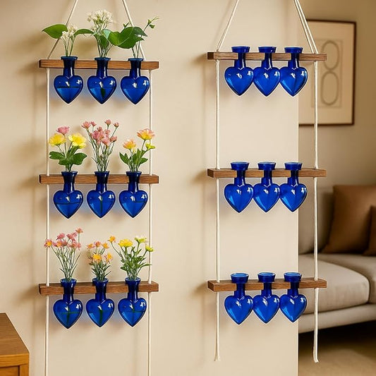 Leinuosen Wall Hanging Plant Propagation Stations 3 Tiered Planter Terrarium with Wooden Stand Home Decor Valentines Gifts for Her Hydroponics Plant Lovers - 9 Glass Vases(Heart Shaped,Blue)