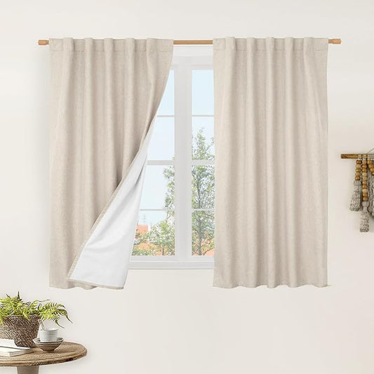 LAMIT Natural 100% Blackout Linen Curtains, 54 Inches Linen Textured Thermal Bedroom Drapes Back Tab and Rod Pocket Neutral Panels with White Liner for Small Window, 2 Panels, 42 x 54 Inch, Oatmeal