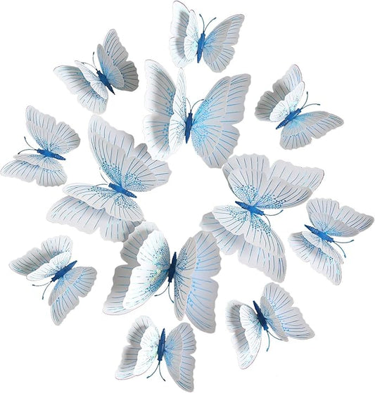 Somotersea 24Pcs 3D Butterfly Wall Decor Removable Butterfly Decoration for Girls Room Butterflies Decals Birthday Party Decorations Kids Bedroom Butterfly Stickers Magnets Blue and White