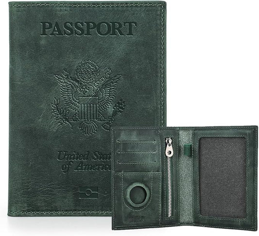 CONTACTS Full Grain Leather Airtag Passport Holder RFID Blocking Travel Passport Wallet Slim Passport Cover Case with 4 Card Slots, Coin Pocket (Badge, Green)