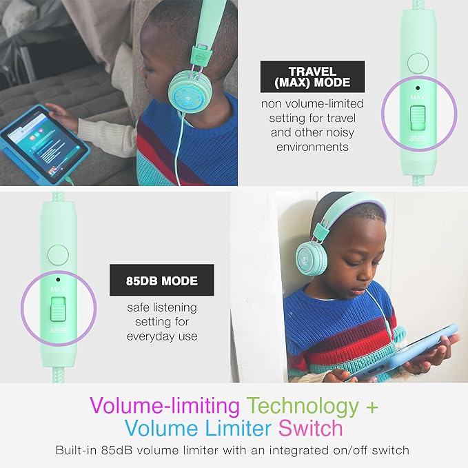 MEE audio KidJamz KJ55 Personalized USB-C Safe Listening Wired Headphones for Kids with Custom LED-Backlit Design, Volume Limiter, & Microphone for iPhone 15, iPad, & USB Type C Devices (Mint)