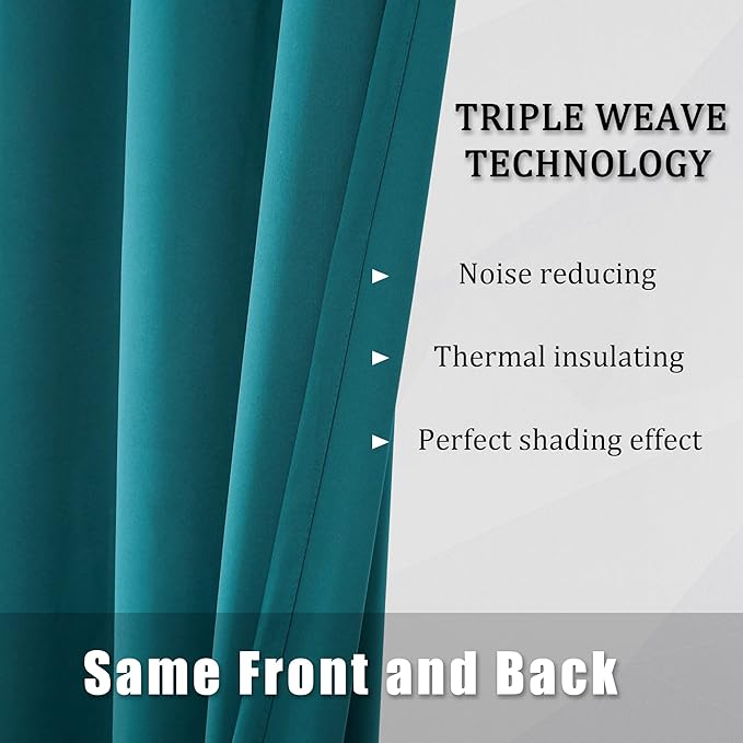 DUALIFE Teal Blackout Curtains Solid Color Eyelet Top Bedroom Curtains Thermal Grommet Light Blocking Room Darkening Window Panels/Drapes for Living Room 2 Panels Set 52 x 45 inches