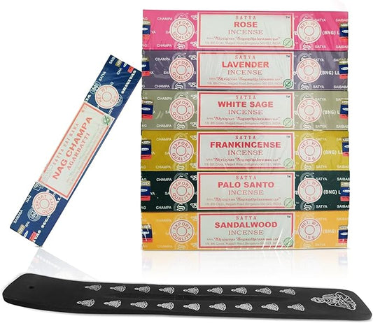 Incense Sticks Variety Pack with Wooden Holder | Nag Champa, Rose, Lavender, White Sage, Frankincense, Palo Santo & Sandalwood | Hand-Rolled Masala Incense