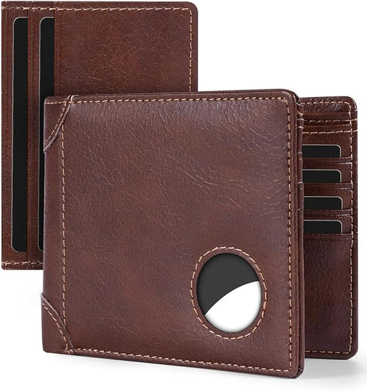Swallowmall AirTag Wallet Mens RFID Blocking Genuine Leather Bifold Men's Wallet For air tag with 2 ID Window 10 Card Holders Removable Card Slot Taxes Brown(Airtag Not included)