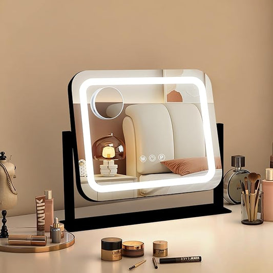 Black Vanity Mirror with Lights 14"×12", Led Makeup Mirror, Lighted Makeup Mirror with 3 Color Dimmable Lights, Smart Touch Screen Control, 360°Rotation