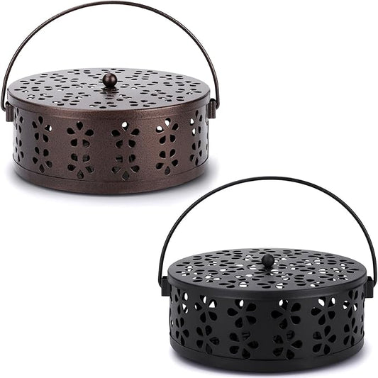 Mosquito Coil Holder 2 Pack Citronella Incense Coil Holder Outdoor Steel Round Mosquito Coil Burner Tray with Handle and Lid (Black/Bronze)