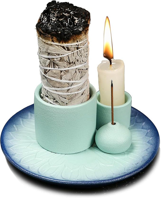 4 in 1 Multifunctional Ceramic Incense and Candle Holder with Ash Catcher Tray Suit for Burning White Sage, Palo Santo Sticks (Sky Blue)