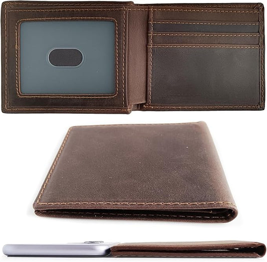 LnxLtw Men's Slim Front Pocket Bifold Wallets Full Grain Leather RFID Blocking with ID Window & Gift Box, Simple Design Minimalist Picture Holder for Men (Coffee)