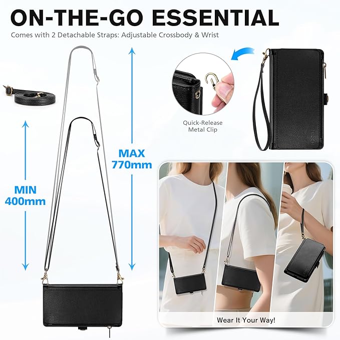 TUCCH Removable Crossbody Case Wallet for iPhone 17 6.3" 2025, 9 Card Slot RFID Blocking, Stand, Lanyard, Wrist Strap, Wireless Charging, Zipper Pocket, PU Leather, Magnetic Flip Cover, Textured Black