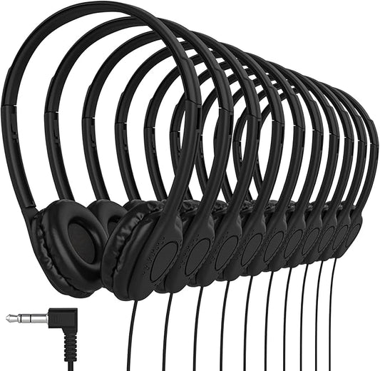 Maeline Bulk Classroom Student Headphones On Ear Stereo Headphones Adjustable Band & Faux Leather Cushions for Kids Online Learning, Library, School, Travel - 3.5mm Plug - 50 Pack - Black
