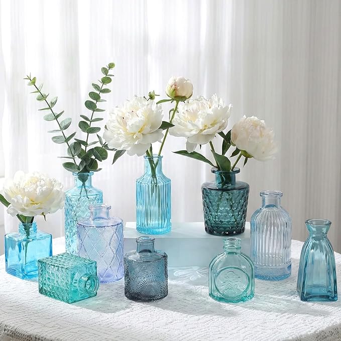Set of 30 Blue Colored Glass Bud Vases - Small Textured Flower Vases for Centerpieces, Wedding Table Decor, Retro Home Decor Bulk Vase Set for DIY, Events & Gifts