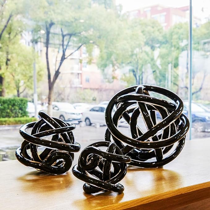 Luxury Lane Hand Blown Infinity Knot Sommerso Decorative Glass Ball for Bowls Home Decor 4 inch Tall Orbit Centerpiece Table Decoration Sculpture Black