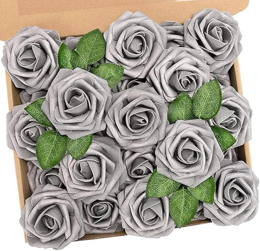 N&T NIETING Artificial Flowers, Fake Flowers Roses Perfect for DIY Wedding Bridal Bouquets Centerpieces Bridal Shower Party Home Flower Arrangement Decorations, 25Pcs, Silver Gray