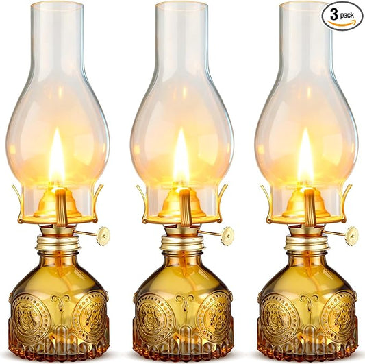 3 Pcs Yellow Chamber Oil Lamps for Indoor Use 10.6'' Vintage Kerosene Lamp Hurricane Oil Lantern Adjustable Fire Wick Decorative Lantern for Valentines Wedding Table Decor Emergency Lighting