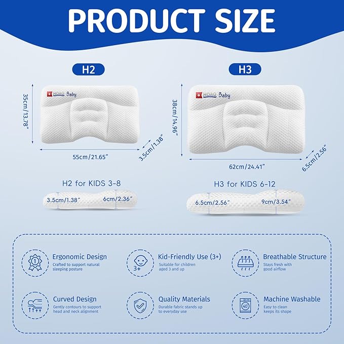 Toddler Pillow with Pillowcase, Breathable & Cozy Machine Washable Kids Pillow with Pillowcase, 21.6x13.8 Ergonomic Children Pillow for Boys and Girls Aged 3-8 (Blue, Height 2)