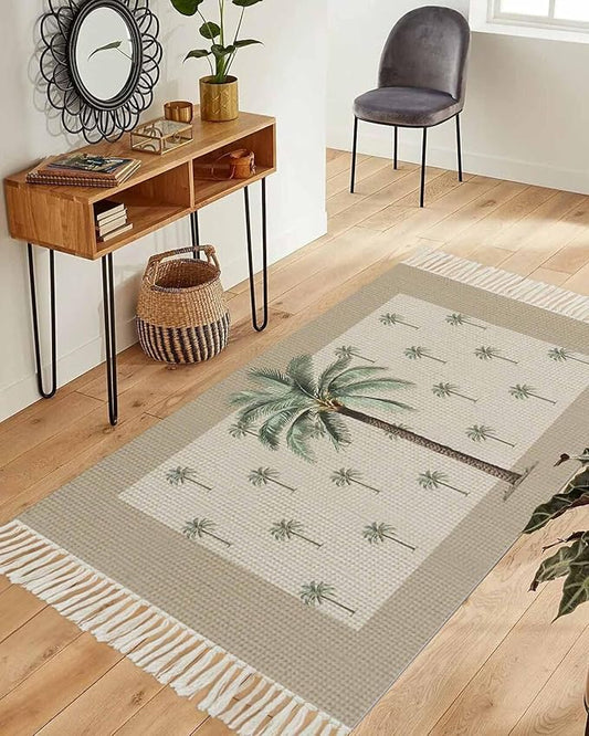 Tropical Palm Tree Runner Rug 3X5 Ft Bedroom Area Rug, Washable Woven Brown Summer Beach Plant Throw Carpet with Tassel, Non-Shedding Farmhouse Retro Green Botanical Dining Room Living Room Carpets
