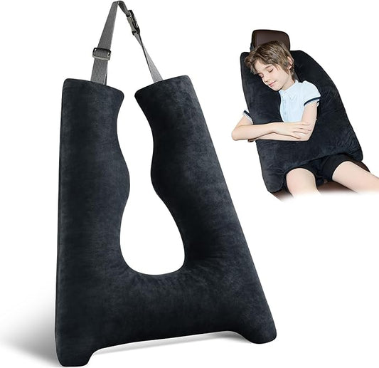 Car Pillow for Kids, Travel Pillow with Adjustable Strap, U-Shaped Pillow for Adults and Children to Support Head and Body Road Trip Essentials (Dark Black)