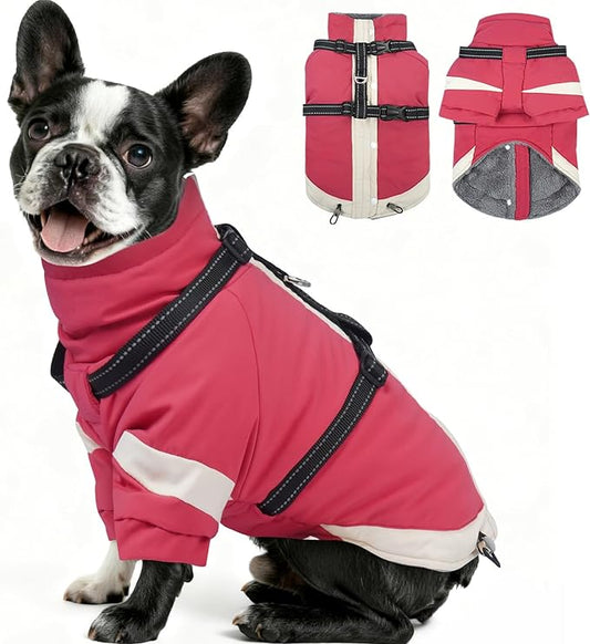 MIGOHI Snowproof Dog Jacket with Harness Reflective Small Dog Coat with Sleeves,Waterproof Fleece Winter Puffer Jacket for Dogs,Turtleneck Puppy Coats for Dogs Chilly Day,S,Pink