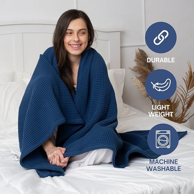 100% Cotton Waffle Blankets for Bed - Queen (90" x 90") Lightweight, Breathable and Soft, Waffle Weave Blanket for All-Season - Summer, Spring, Winter (Blue)