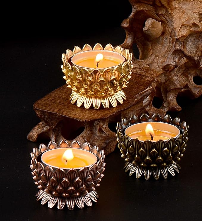 Lotus Flower Votive Tealight Candle Holder,Copper Buddhist Candlestick Holder,Tibetan Buddhist Water Offering Cup,Oil Lamp Holder for Meditation Buddha Altar with 4PCS Floating Canldes (Gold)