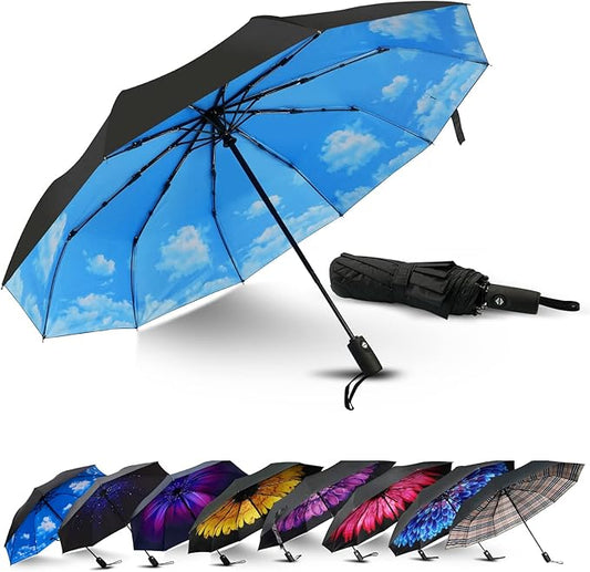 LLanxiry Compact Travel Umbrella, Automatic Open/Close Windproof Umbrella, 10 Fiberglass Ribs, 210T Pongee, UPF 50+ Sun/Rain, Lightweight Portable Umbrellas Travel Size with Carry Sleeve