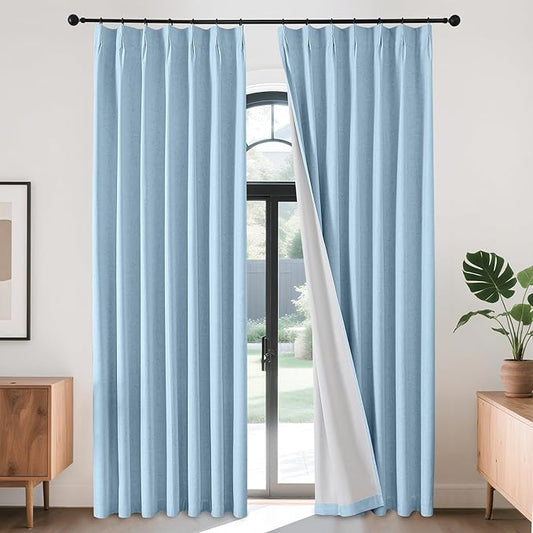 Joydeco 100% Blackout Pleated Curtains, Linen Window Curtains 2 Panel Sets 108 inches Long, Thermal Insulated Darkening Drapes for Bedroom(Chambray Blue,40'' Wx108'' L)