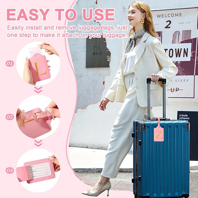 Personalized Initial Luggage Tags for Suitcase, Pink Leather Cute Luggage Tags with Privacy Cover Name Card, Embroidered Custom Monogrammed Luggage Tag Travel Bag Baggage Tags Gifts for Women Kids(Z)