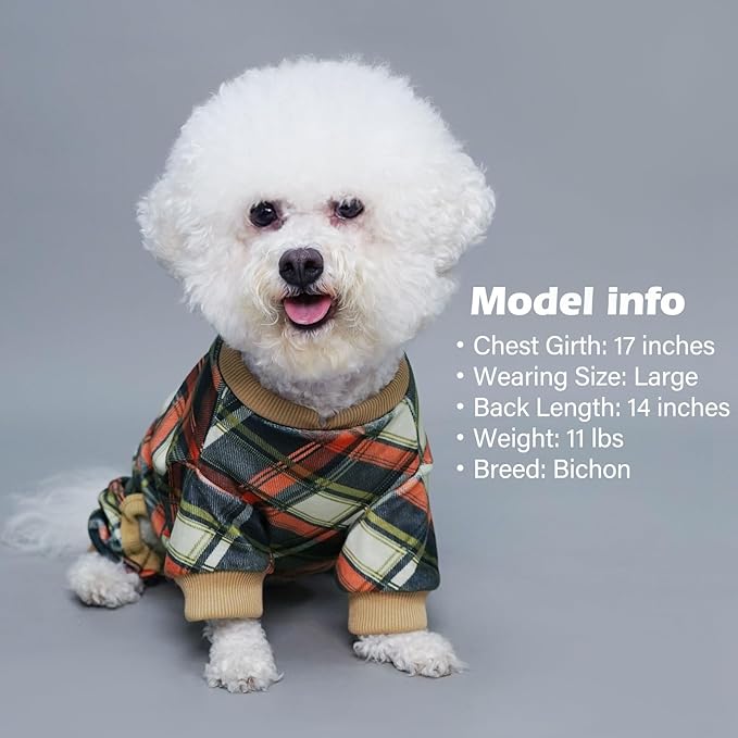 KYEESE Dog Pajamas Plaid Dog Pajamas for Small Dogs Boy Girl Stretchy Onesie Velvet Doggie Jammies Lightweight Pjs Soft Coat Comfy Pet Clothes, Khaki, Medium