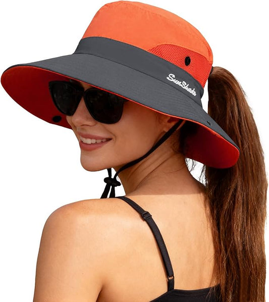 ZOORON Women's Ponytail Safari Sun Hat,Wide Brim UV Protection Outdoor Bucket Hat,Foldable Beach Summer Fishing Hat