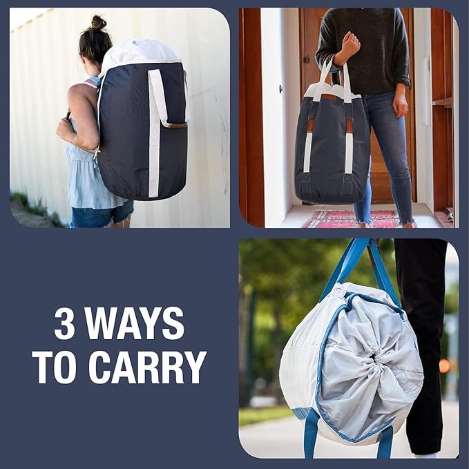 CleverMade Laundry Backpack Duffel Bag with Shoulder Straps - 62L / 16 Gal XL, Charcoal Cream,Drawstring Closure for Travel Clothes Gym College Dorm