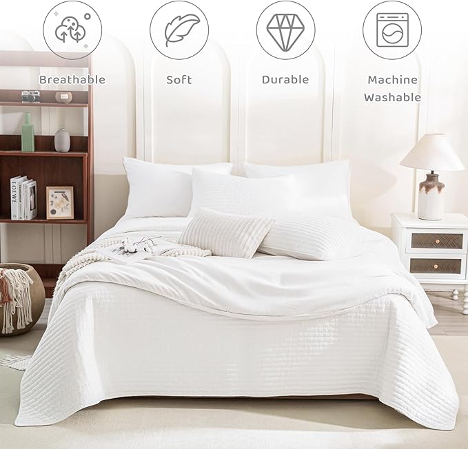 Sanracie Cotton Queen Quilt Bedding Set(90"x98") ，Ultra Soft Stonewashed Milk White Bedspread Coverlet Cross Stitch Pattern Lightweight Crinkle Quilted Bedspread Set 3Pcs for All Season