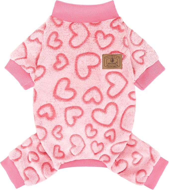 XPUDAC Dog Pajamas Heart Fleece Dog Sweater Winter Puppy Clothes for Small Medium Dogs Girl Pet Holiday Clothes Doggie Outfits for Valentines Day, XS