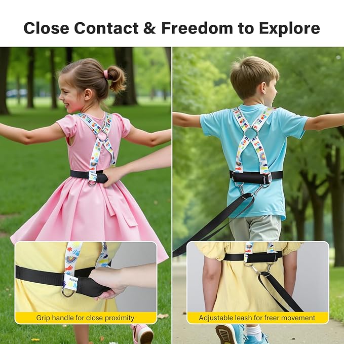 HOOMTREE Safety Walking Harness and Leash for Autism & Special Needs Kids Ages 6-12 with Easy-Adjust Tether + Emergency Grab Handle for Wandering Prevention & Calm Outdoor Adventures