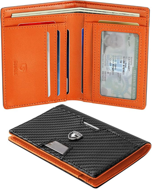 GSOIAX Wallet for Men Slim RFID Blocking Front Pocket Bifold Wallet Leather Money Clip 10-12 Cards Mens Wallet with ID Window Thin Minimalist Credit Card Holder Birthday Gifts for Men Carbon-Orange
