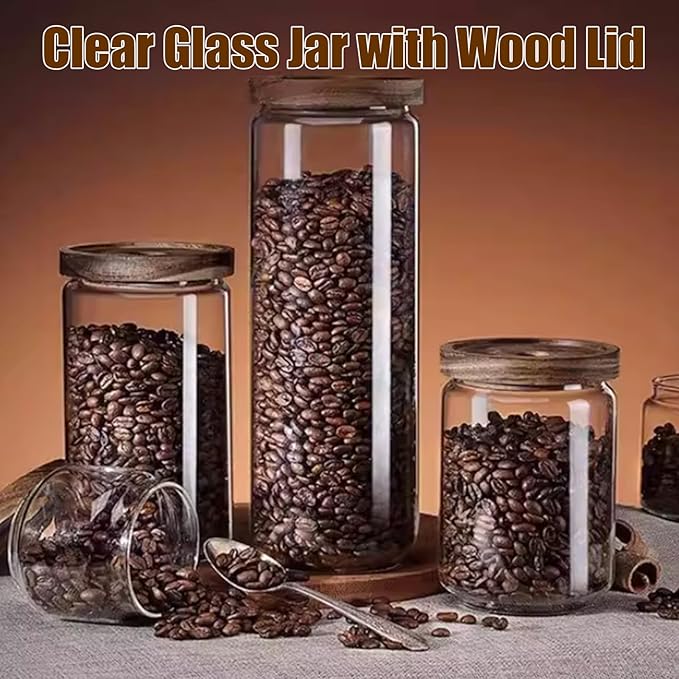 Viovian 16 oz Glass Coffee Jar with Wooden Lids Clear Glass Storage Canister Jars for Food Kitchen Tea Sugar Cookie Candy Nuts Counter Pantry 500ML