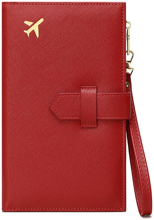 Waterproof Family Passport Organizer with RFID Blocking Genuine Leather Document Holder Card Slots Travel Wallet for Women Men Black (Red)