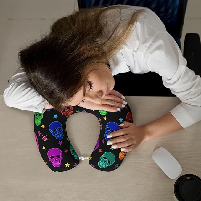 Travel Pillow for Boys and Girls, Comfortable Neck Chin Head Support Cushion Neon Gothic Skull, Comfortable for Airplanes Car Sleeping Rest