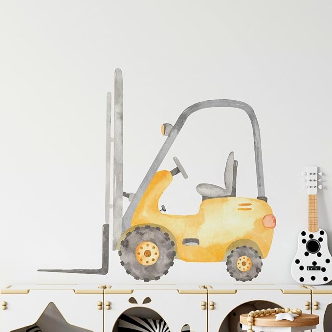 Construction Forklift Wall Decal for Boys Room, Lift Truck Construction Eqipment Peel Stick Removable Fabric Wall Sticker, Nursery or Playroom Decor, Repositionable (36 inch: 32" Tall x 36" Wide)