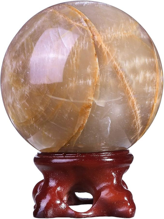 mookaitedecor Natural Orange Moonstone Crystal Ball with Resin Stand, Decorative Stone Sphere Ball for Feng Shui Meditation Divination Home Decor, 2-2.36 Inch (51-60 mm)