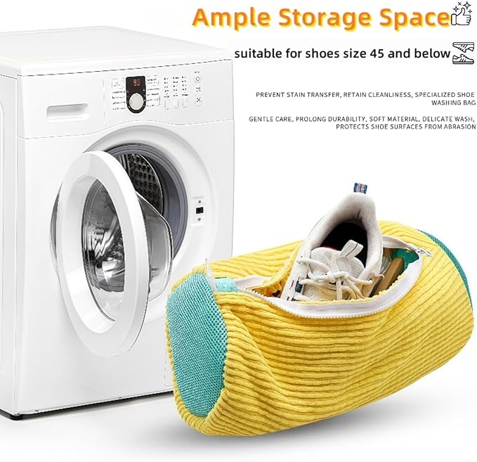 Shoe Wash Bags for Washing Machine (2 Pack), Reusable Laundry Bags for Sneakers, Footwear, Bike Shoes, 360° Deep Clean Shoe Washing Bag (Yellow)