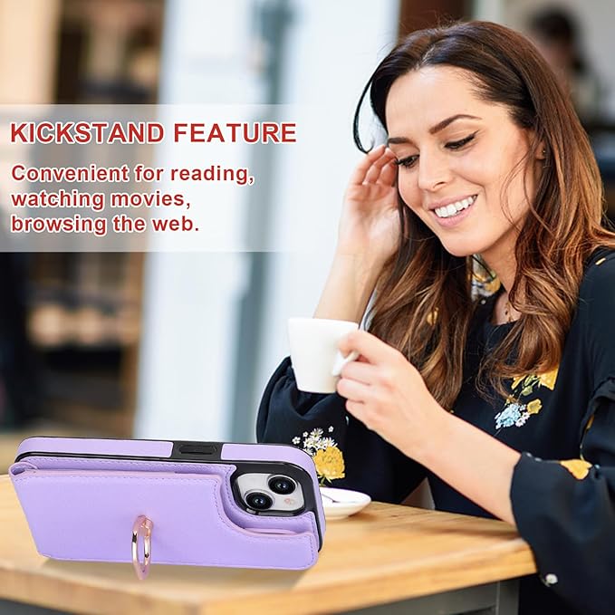 Folosu Compatible with iPhone 15 Case Wallet with Card Holder, 360°Rotation Finger Ring Holder Kickstand, RFID Blocking Leather Protective Double Buttons Shockproof Cover 6.1 Inch (Purple)