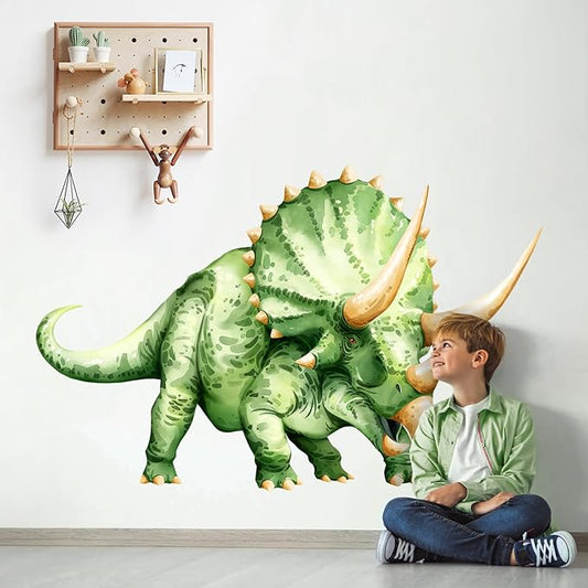 Large Dinosaur Wall Decals, Green Triceratops Dino Wall Stickers Vinyl Peel and Stick Wall Decal Self Adhesive Wall Art Sticker for Baby Nursery Kids Room Home Decor (53.7 * 34.4in)