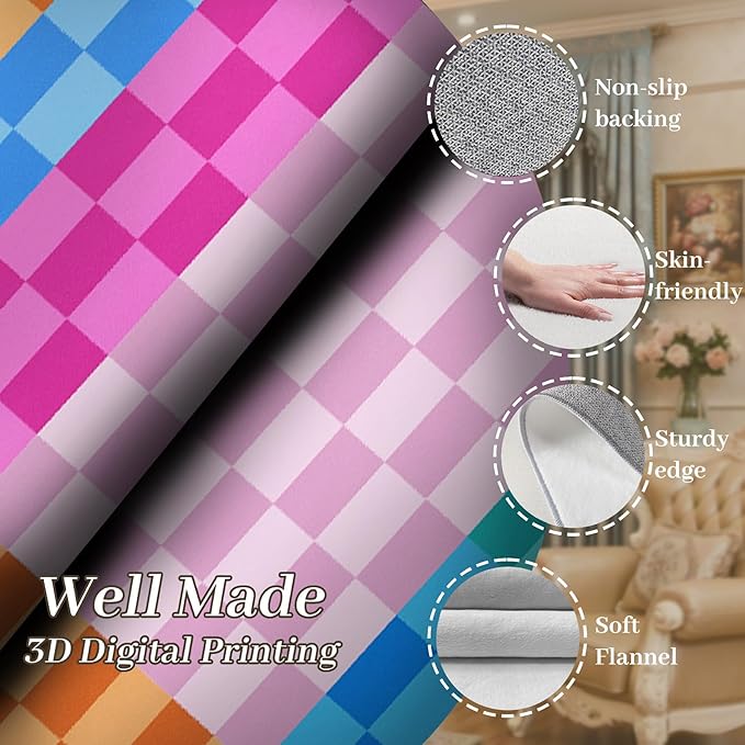 Multicolored Checkerboard Grid Runner for Entryway, 4x12ft, Boho Colorful Checkered Pattern Kids Playing Mat, Cozy Soft Absorbent Reduce Noise Rugs, Durable Washable Carpet for Family