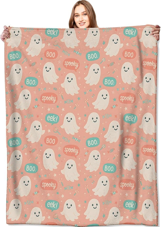 Cute Pink Ghost Blanket Halloween Fall Holiday Decor Gothic Candy Smiling Spirit Throw Gifts for Kids Lightweight Fleece Boo Spooky Witchy Blankets for Horror Spooky Goth Decoration 40x50in