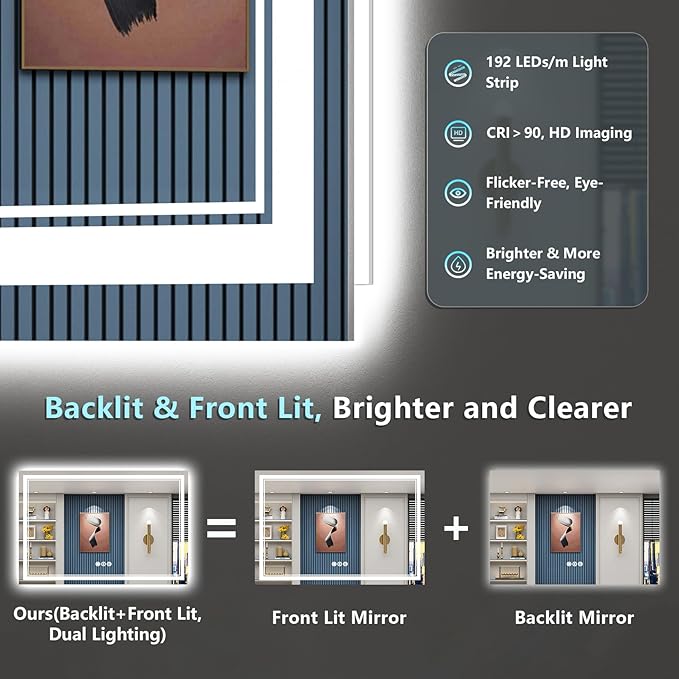 60x30 LED Bathroom Mirror with Lights, Backlit & Front Lit, Anti-Fog Frameless Lighted Vanity Mirrors for Bathroom Wall, Dimmable, 3-Color Light, Memory, Shatter-Proof, Tempered Glass, CRI＞90