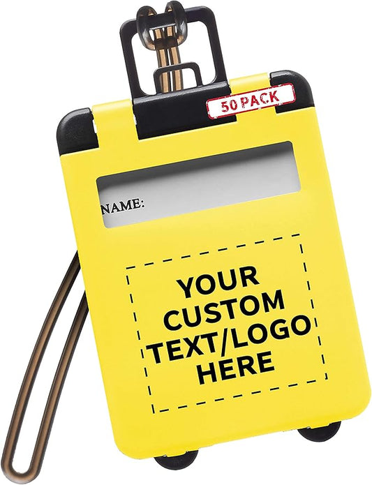 50 Mini Carry-on Luggage Tags Pack - Customizable Text, Logo - Flip Open Cover, ID Sticker - Yellow
