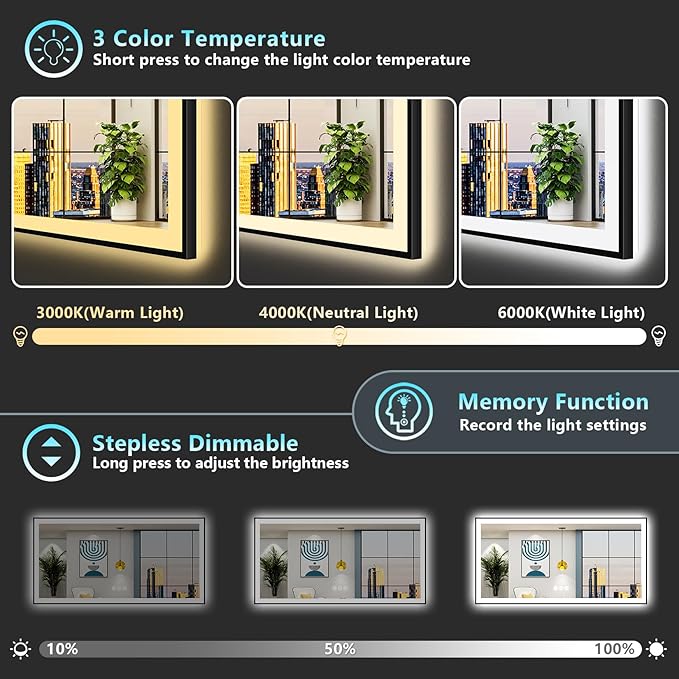77x36 Black Framed LED Bathroom Mirror with Lights, Backlit and Front Lit, Anti-Fog Lighted Vanity Mirrors for Bathroom Wall, Dimmable, 3-Color Light, Memory, Shatter-Proof, HD Tempered Glass